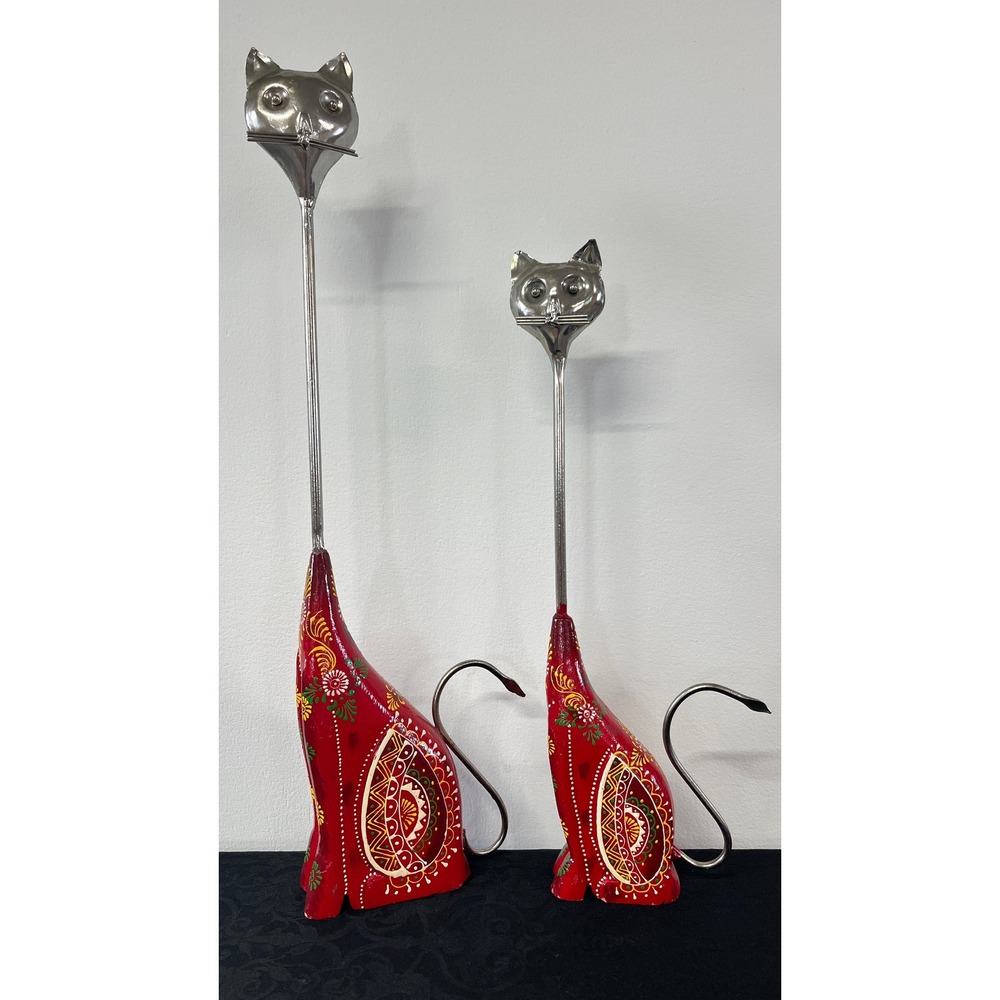 Vtg Hand Painted Long Neck Metal Wood Cat Figurines Set of 2 Red India MCM‎